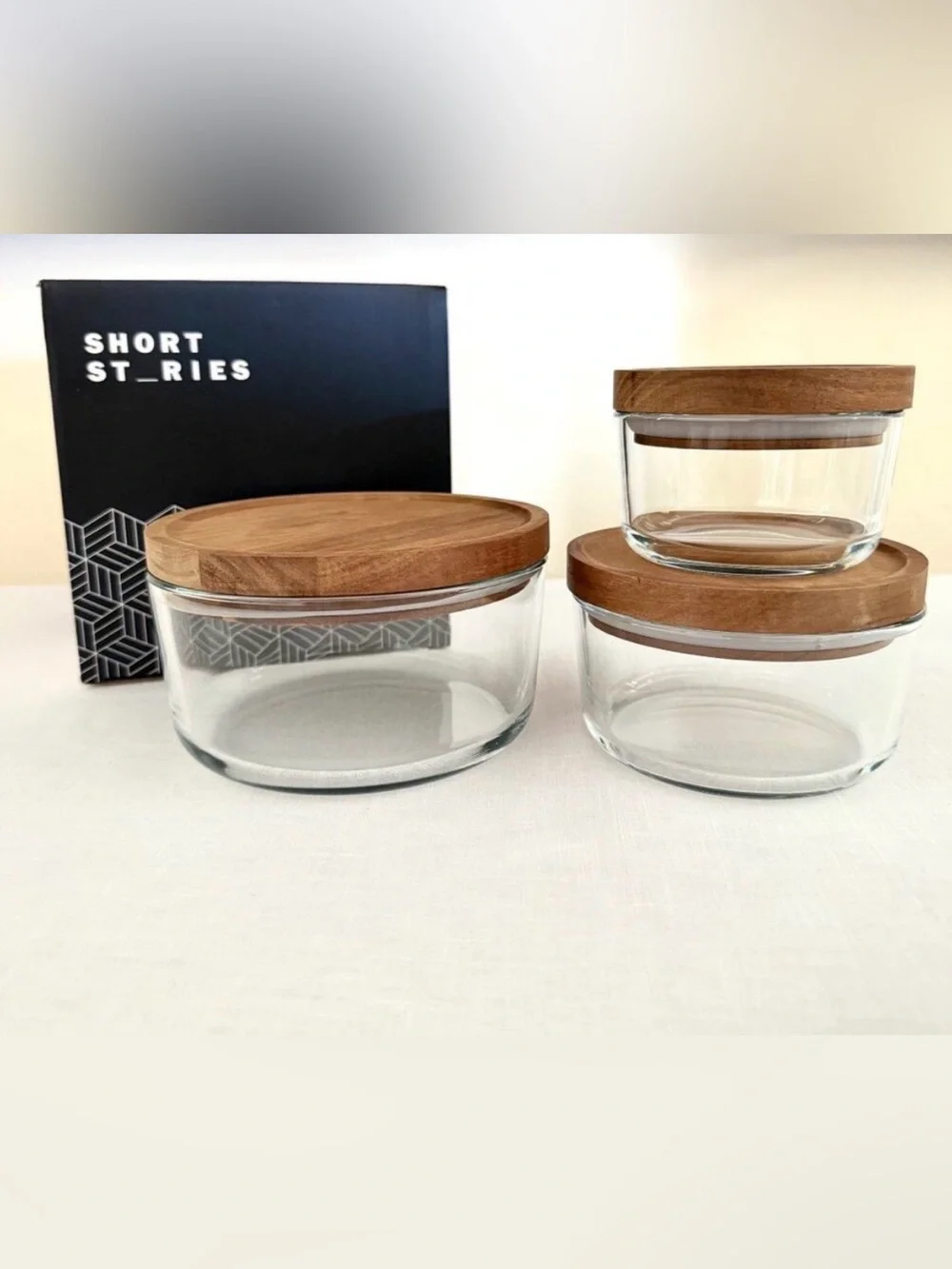 Short Stories NIB Glass Storage Bowl Set Acacia Wood Lids 3pc Boho